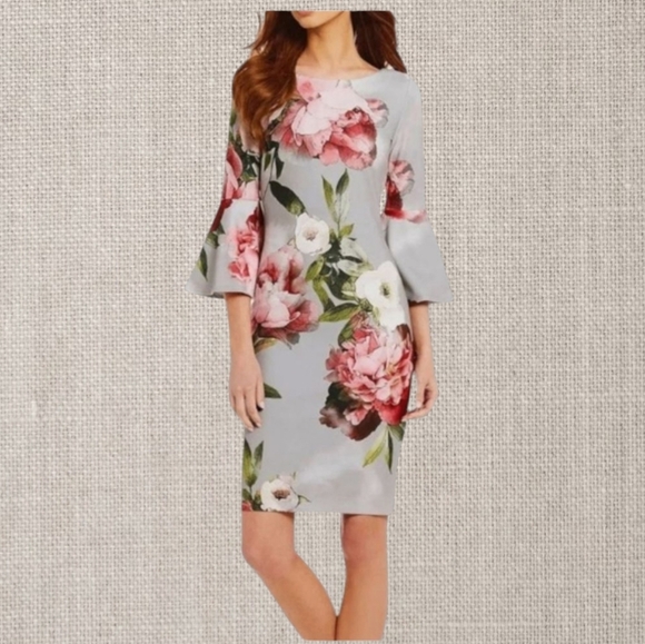 Calvin Klein Floral Gray/White/Pink Bell Career Knit Sleeves Dress NWT Sz 8 - Picture 1 of 10